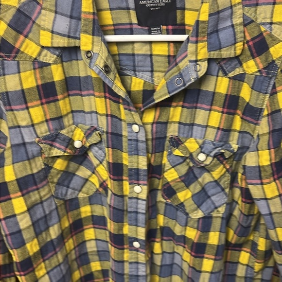 AMERICAN EAGLE Women Boyfriend Fit Yellow Plaid snap Button Down Flannel Shirt M - Picture 8 of 8